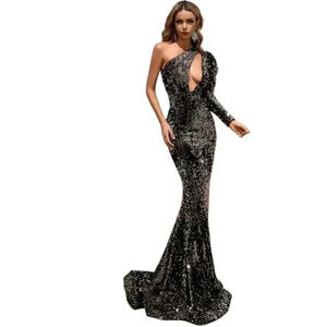 Brand New Miss Ord one shoulder cut out black and Gold sequin Dress Size M